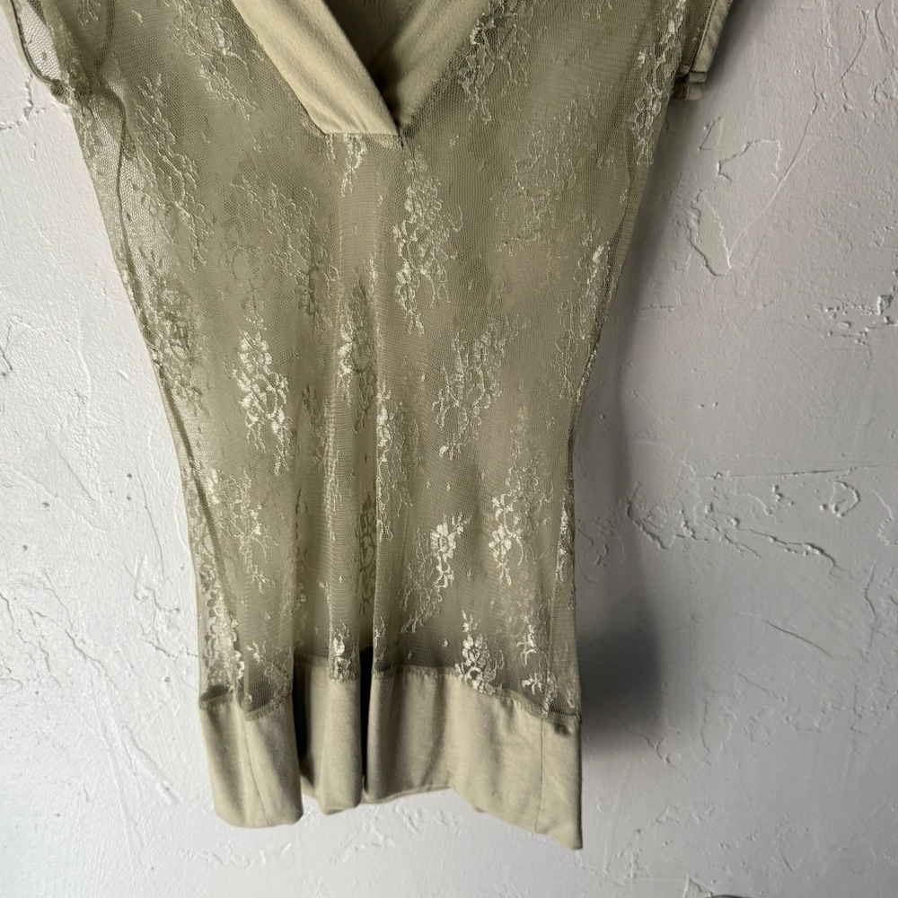 Studio Y Y2k Sage‎ Green Lace Top Sheer V Neck Short Sleeve Tunic Blouse Fairy - Picture 3 of 7